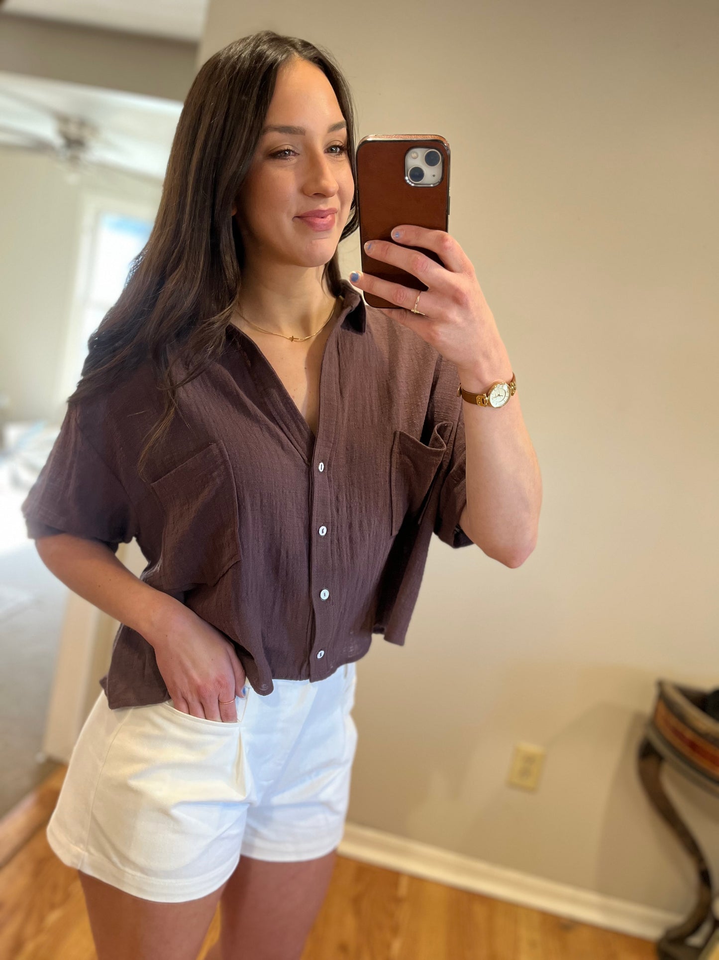Chocolate Brown Cropped Button Up