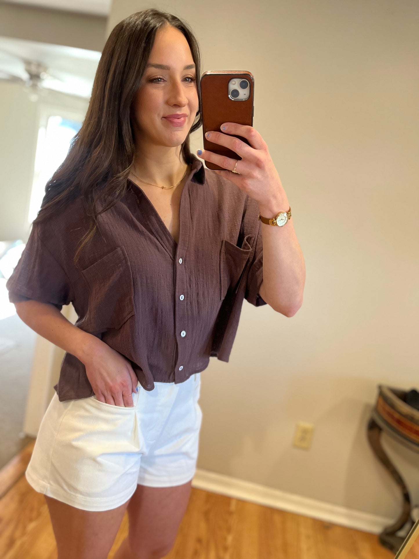 Chocolate Brown Cropped Button Up
