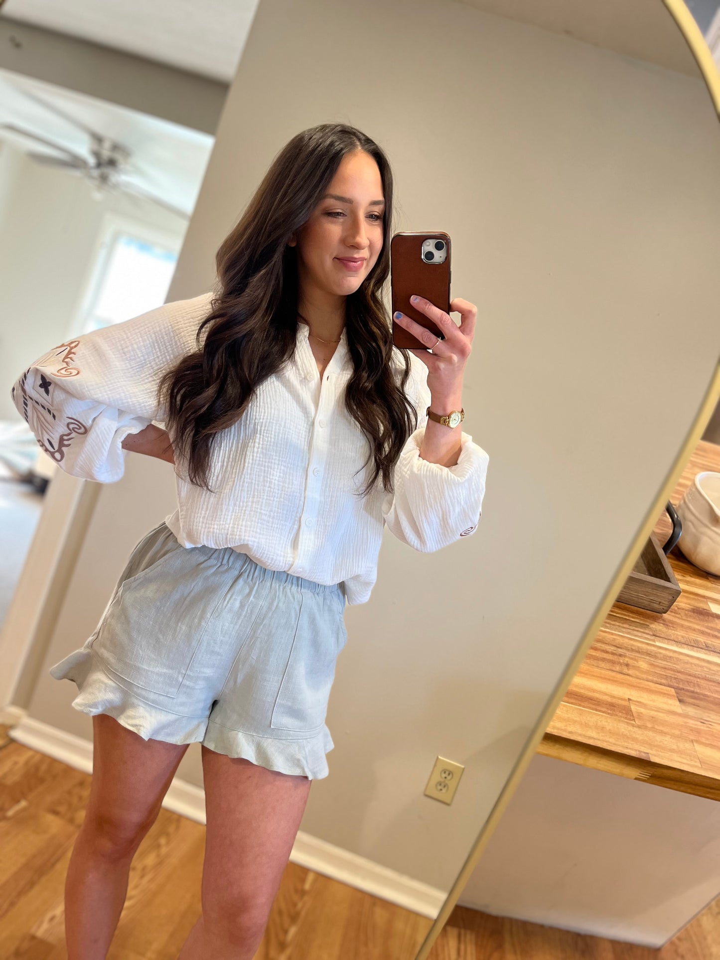 Embroidered Cotton Button Up Blouse