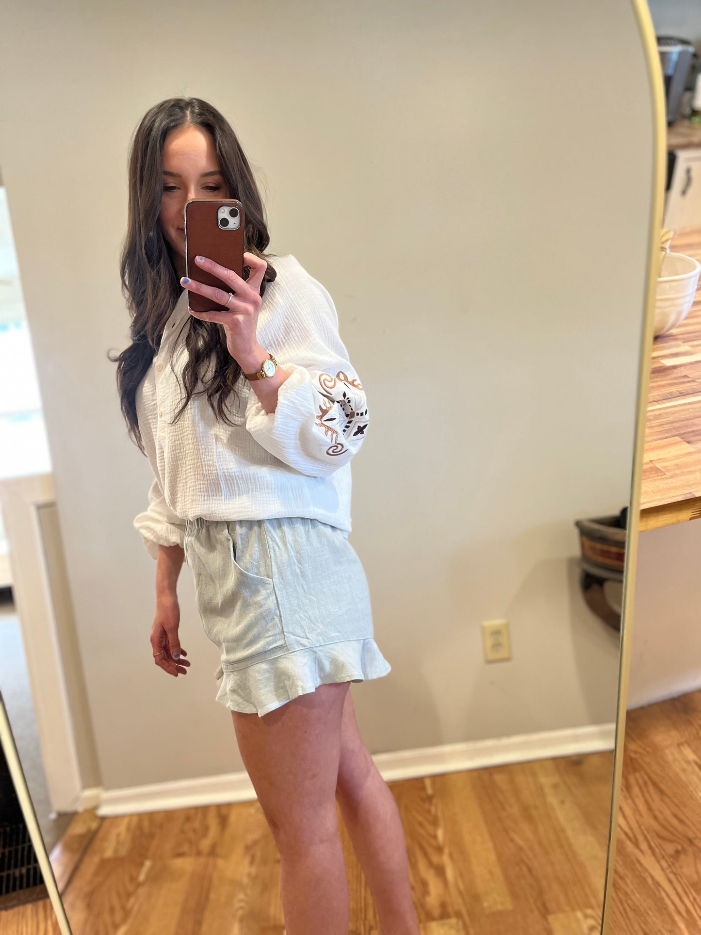 Embroidered Cotton Button Up Blouse
